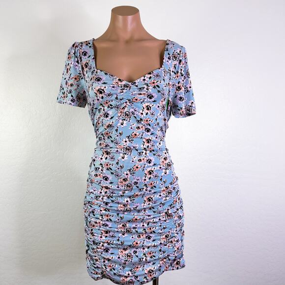 Good Luck Gem Sweetheart Neck Bodycon Floral Mini Dress Light Blue y2k 90s S NWT - Picture 12 of 12